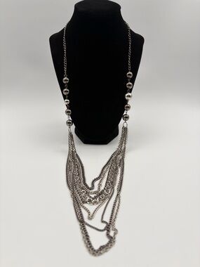 Gunmetal Layered Chain Fringe Necklace Statement Multi Strand Edgy